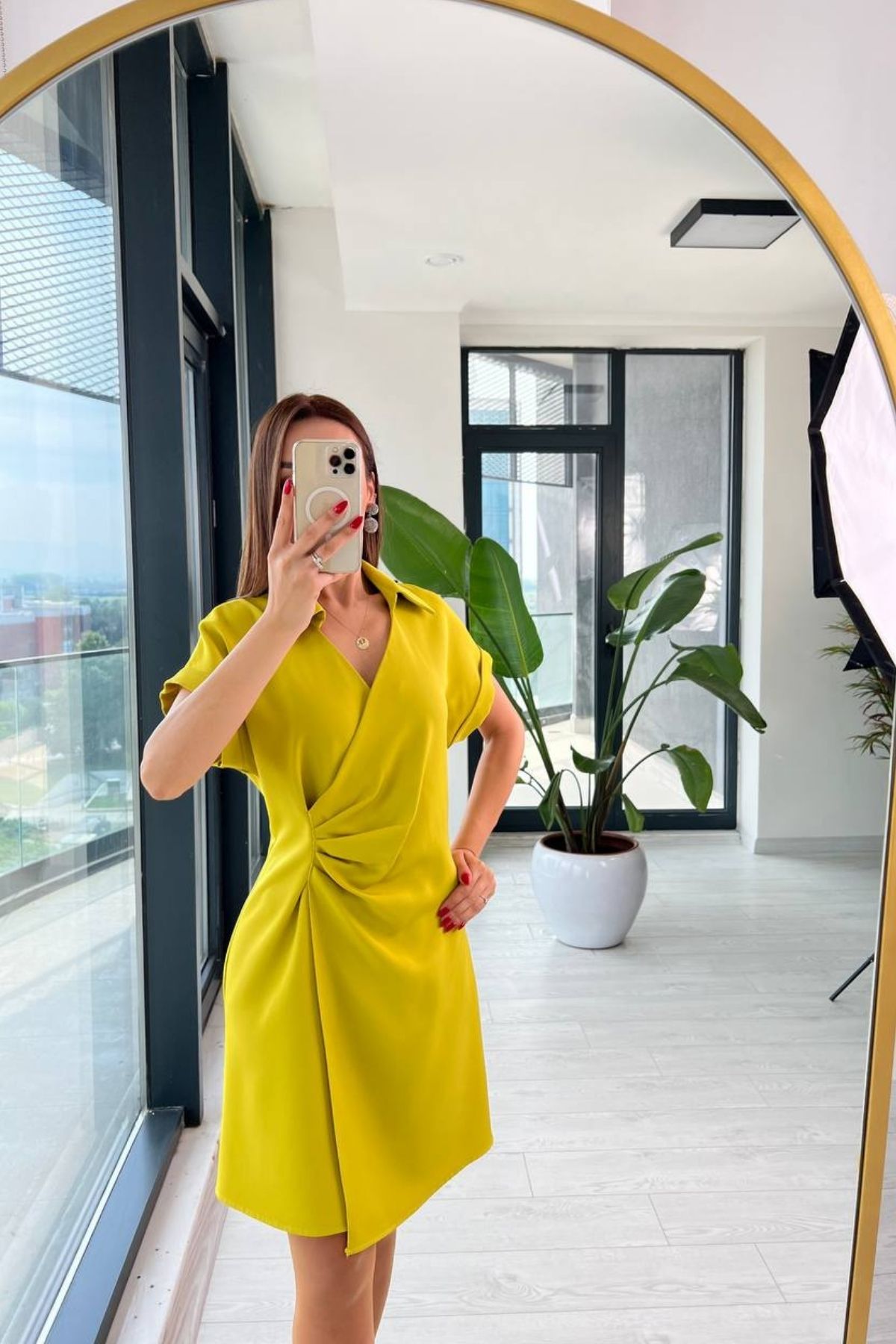 Olive%20Yağ%20Yeşili%20Gömlek%20Yaka%20Bel%20Detaylı%20Elbise