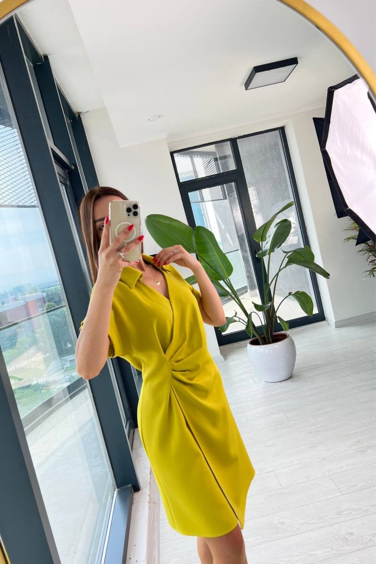 Olive%20Yağ%20Yeşili%20Gömlek%20Yaka%20Bel%20Detaylı%20Elbise