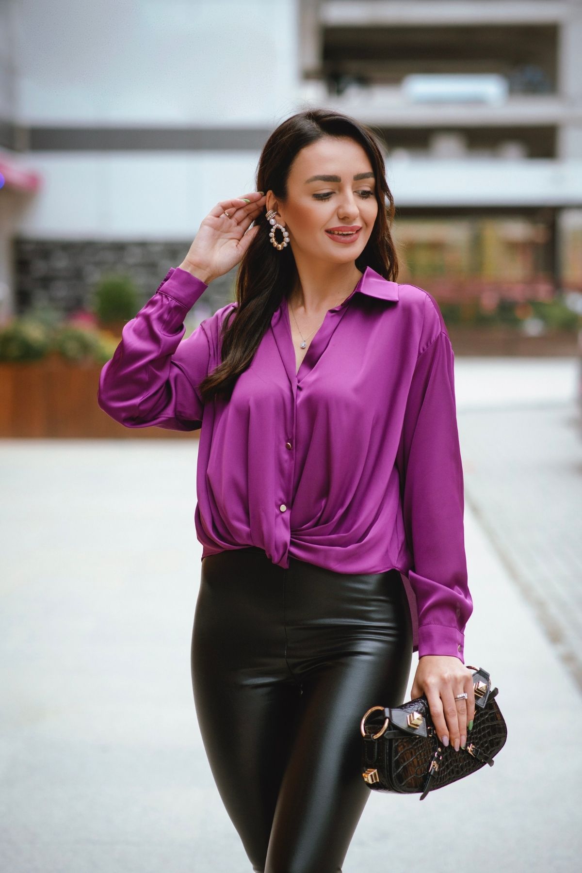 Mor%20İpek%20Saten%20Önü%20Düğümlü%20Bluz
