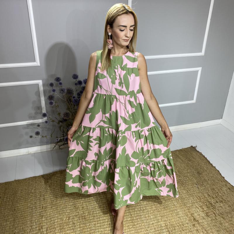 Yeşil%20Pembe%20Çiçek%20Desenli%20Poplin%20Kumaş%20Elbise