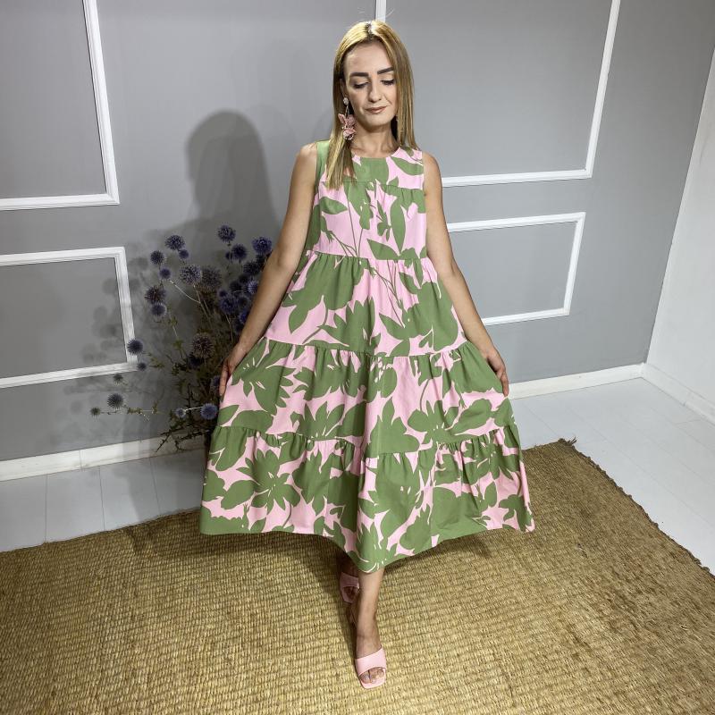 Yeşil%20Pembe%20Çiçek%20Desenli%20Poplin%20Kumaş%20Elbise
