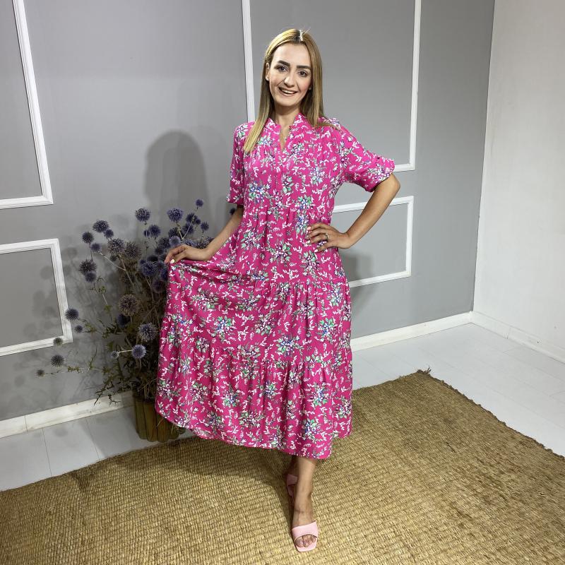 Pembe%20Çiçek%20Bahar%20Desenli%20Viskon%20Kumaş%20Elbise
