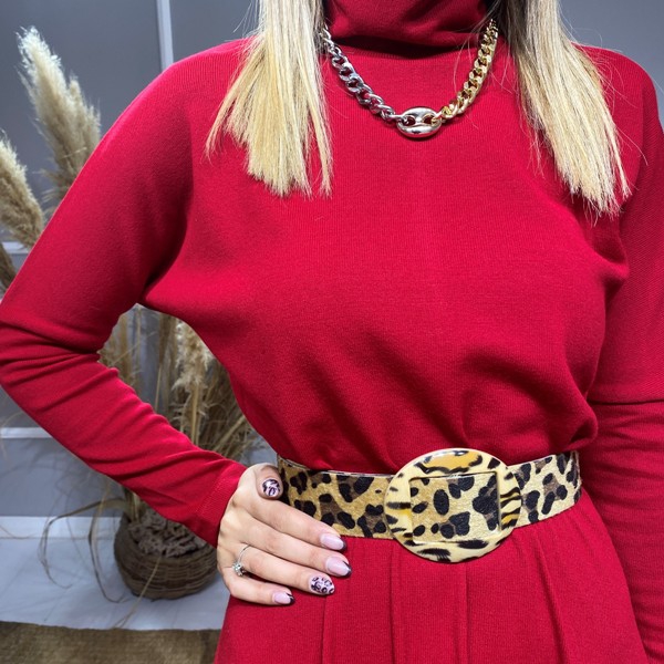 Kırmızı%20Triko%20Leopar%20Kemerli%20Elbise