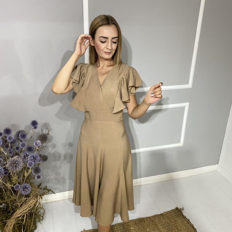 Camel%20Kolları%20Volan%20Detaylı%20Elbise