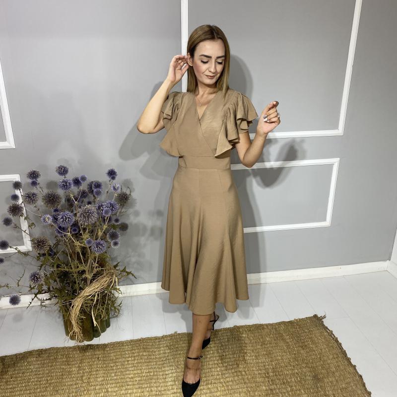 Camel%20Kolları%20Volan%20Detaylı%20Elbise