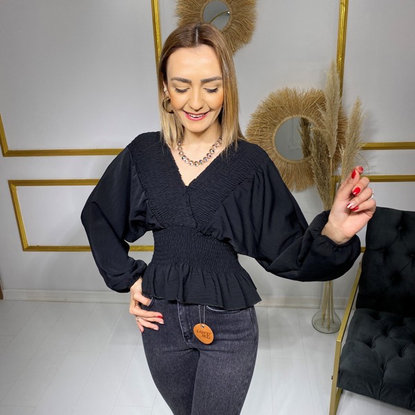 Siyah%20%20Lastik%20Detaylı%20Bluz