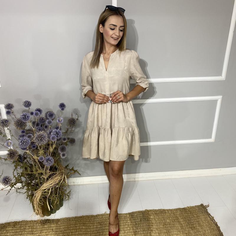 Bej%20Rengi%20Eteği%20Volanlı%20Elbise