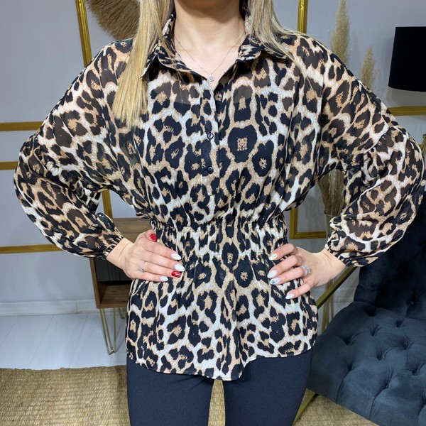 Leopar%20Desen%20Şifon%20Beli%20Lastikli%20Bluz