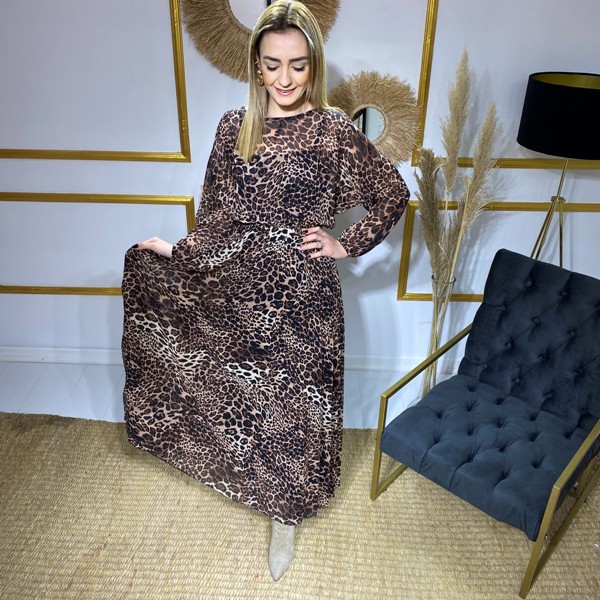 Koyu%20Leopar%20Desen%20Astarlı%20Şifon%20Elbise