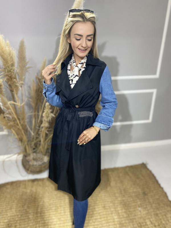 Siyah%20Kolları%20Kot%20Detaylı%20Trençkot