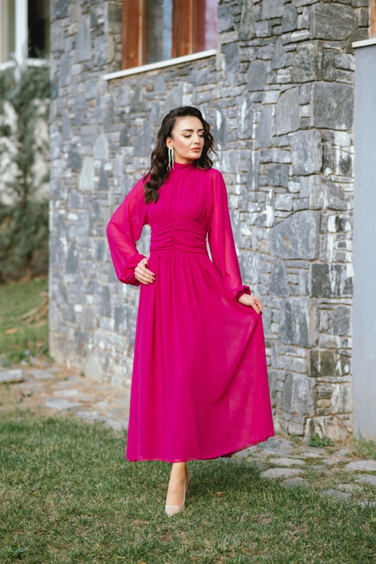 Fuşya%20Tasarım%20Şifon%20Beli%20Korsajlı%20Elbise
