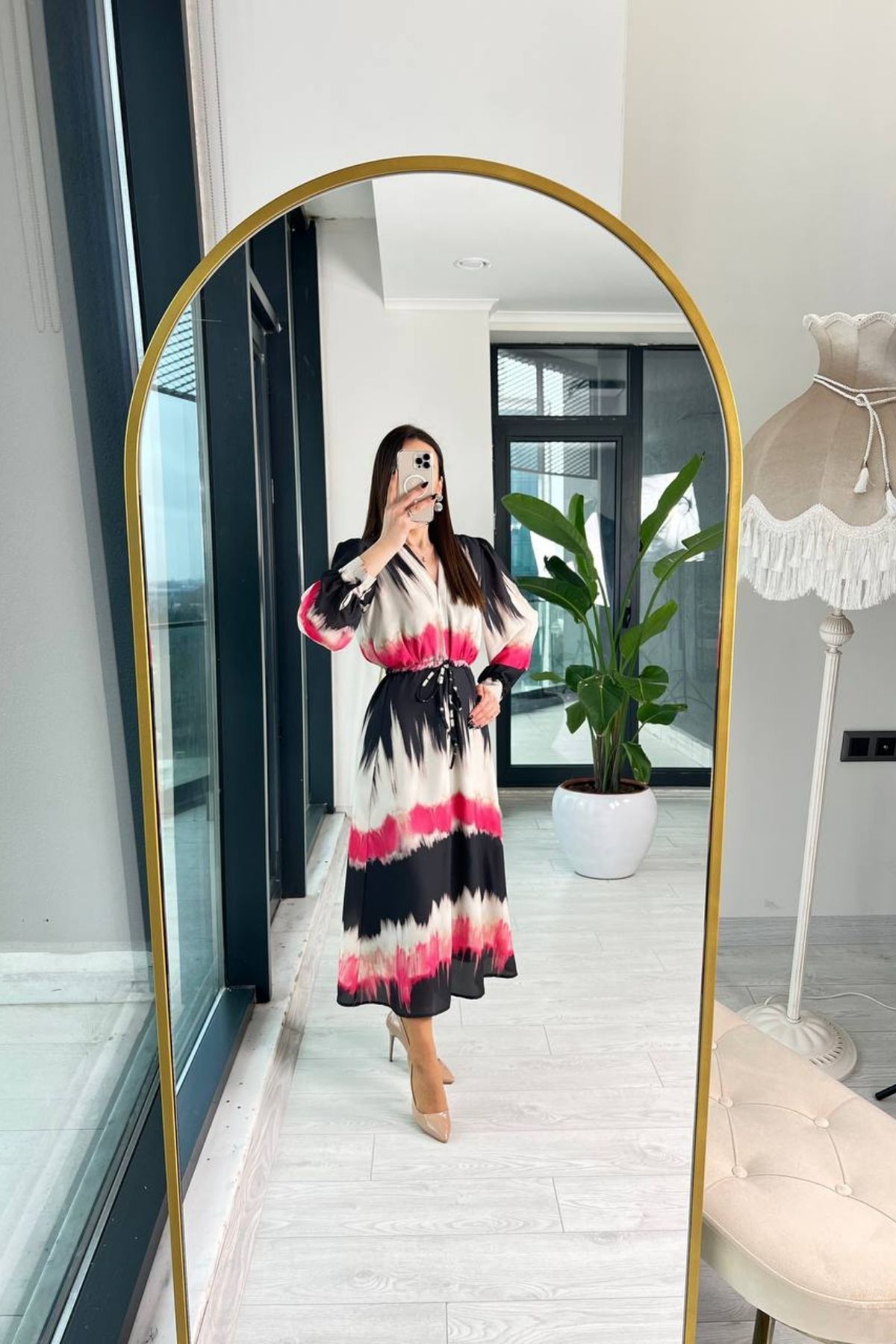 Fuşya%20Batik%20Desenli%20Şifon%20Elbise