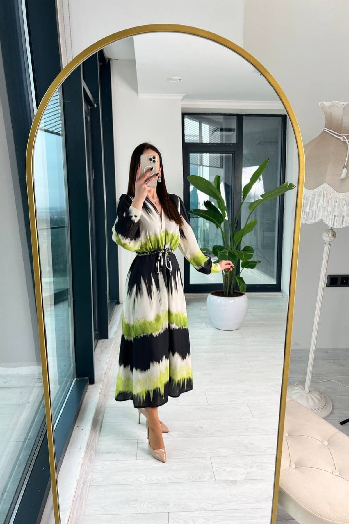 Yeşil%20Batik%20Desenli%20Şifon%20Elbise