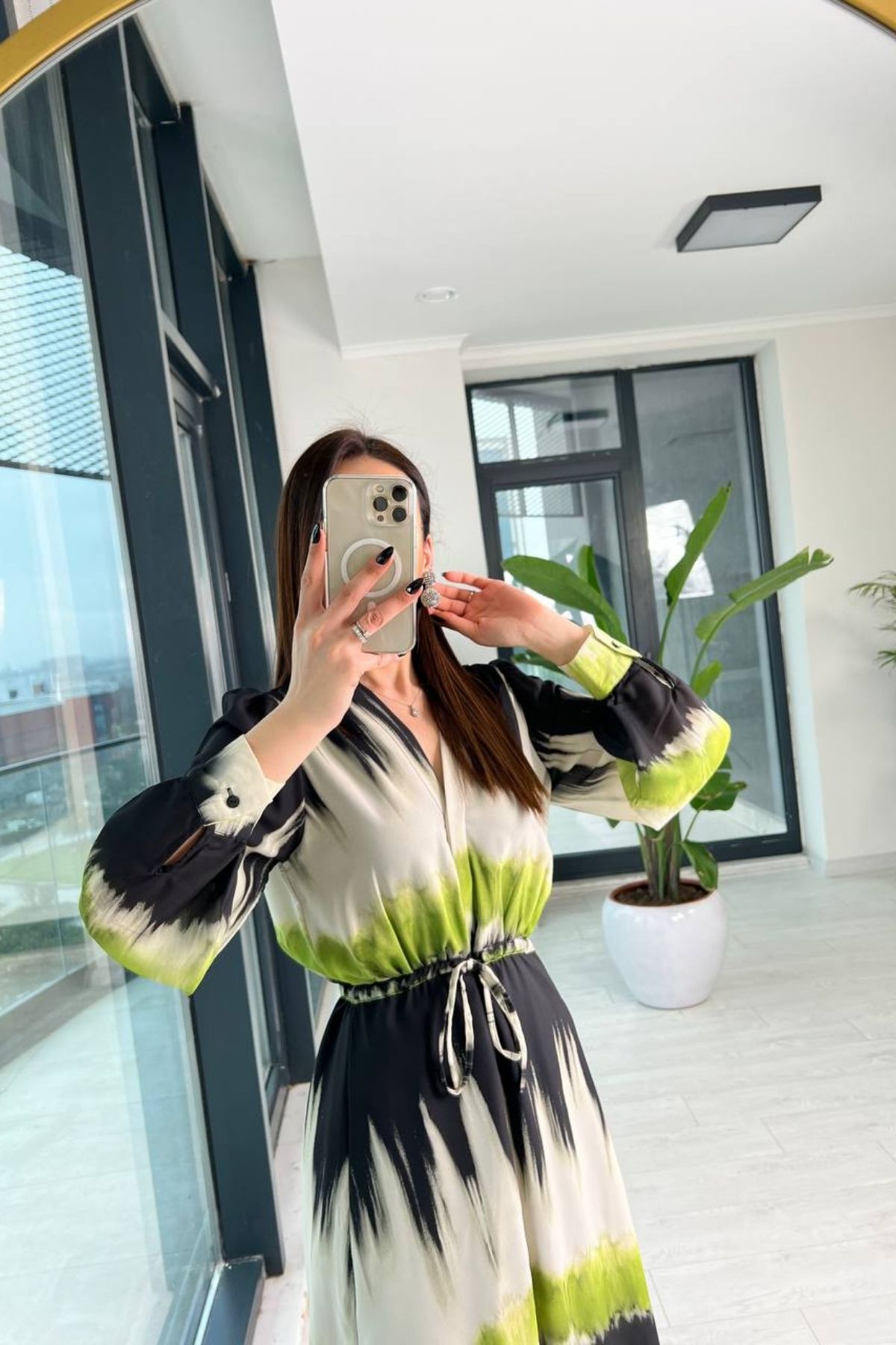 Yeşil%20Batik%20Desenli%20Şifon%20Elbise