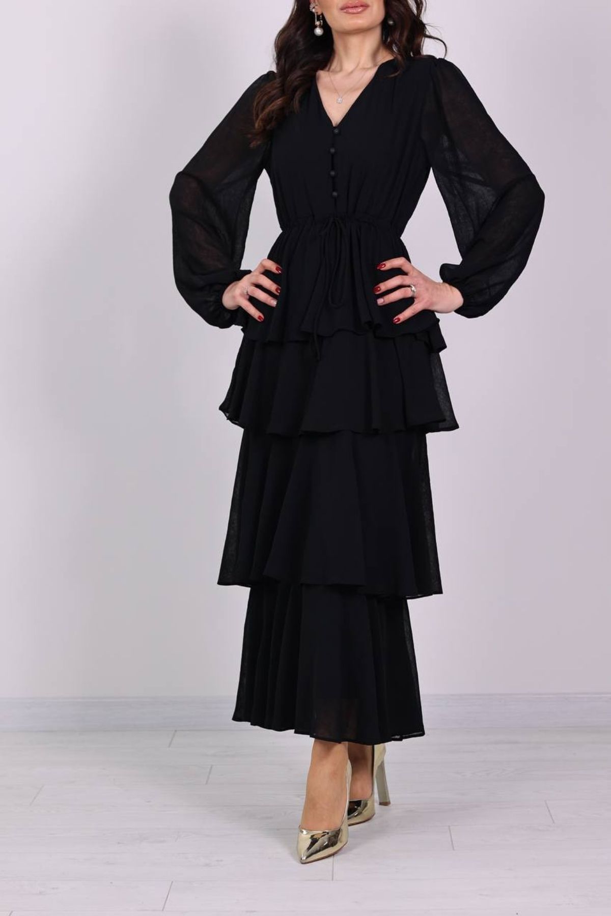 Tasarım Siyah Kat Kat Şifon Elbise