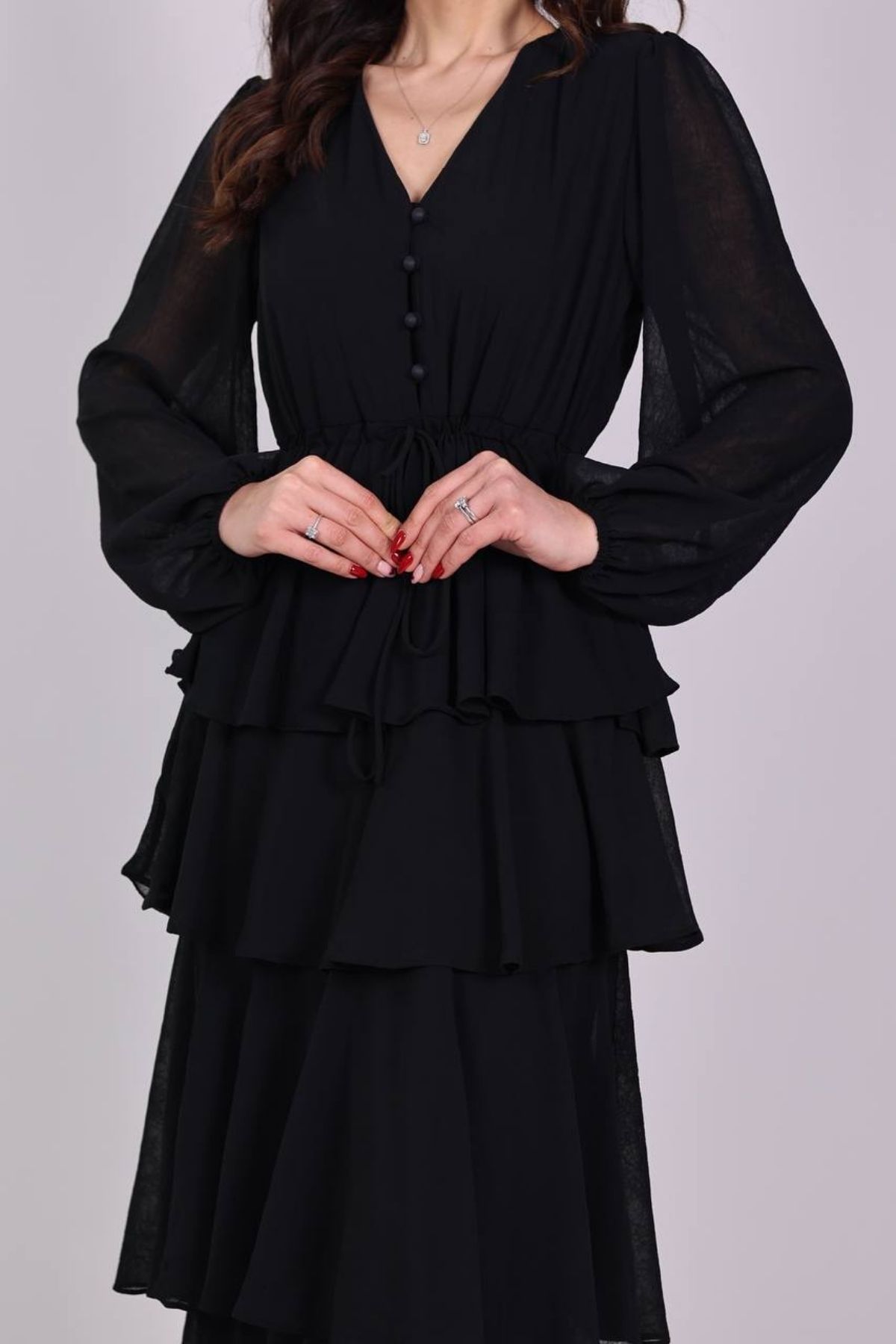 Tasarım Siyah Kat Kat Şifon Elbise
