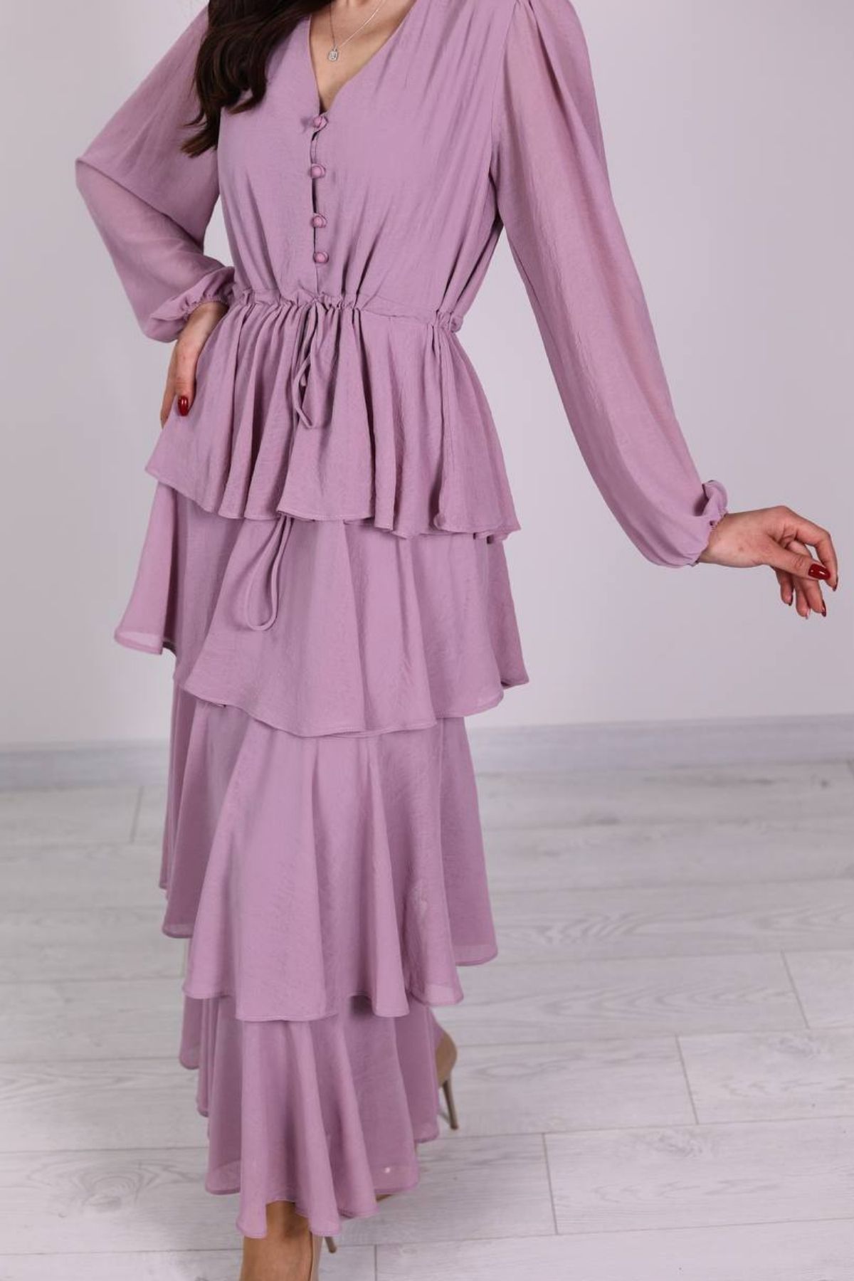 Tasarım Lila Kat Kat Şifon Elbise