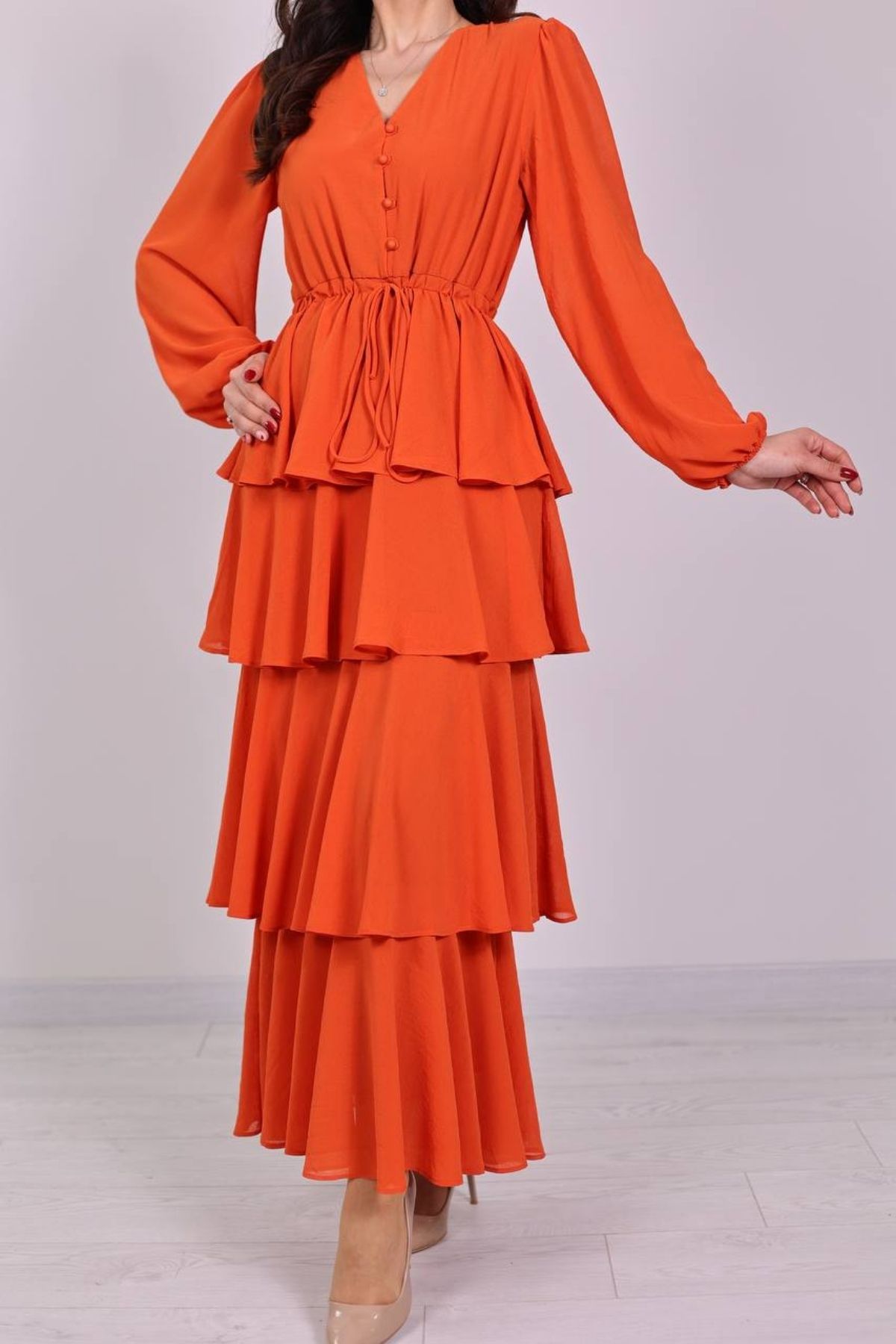 Tasarım Orange Kat Kat Şifon Elbise