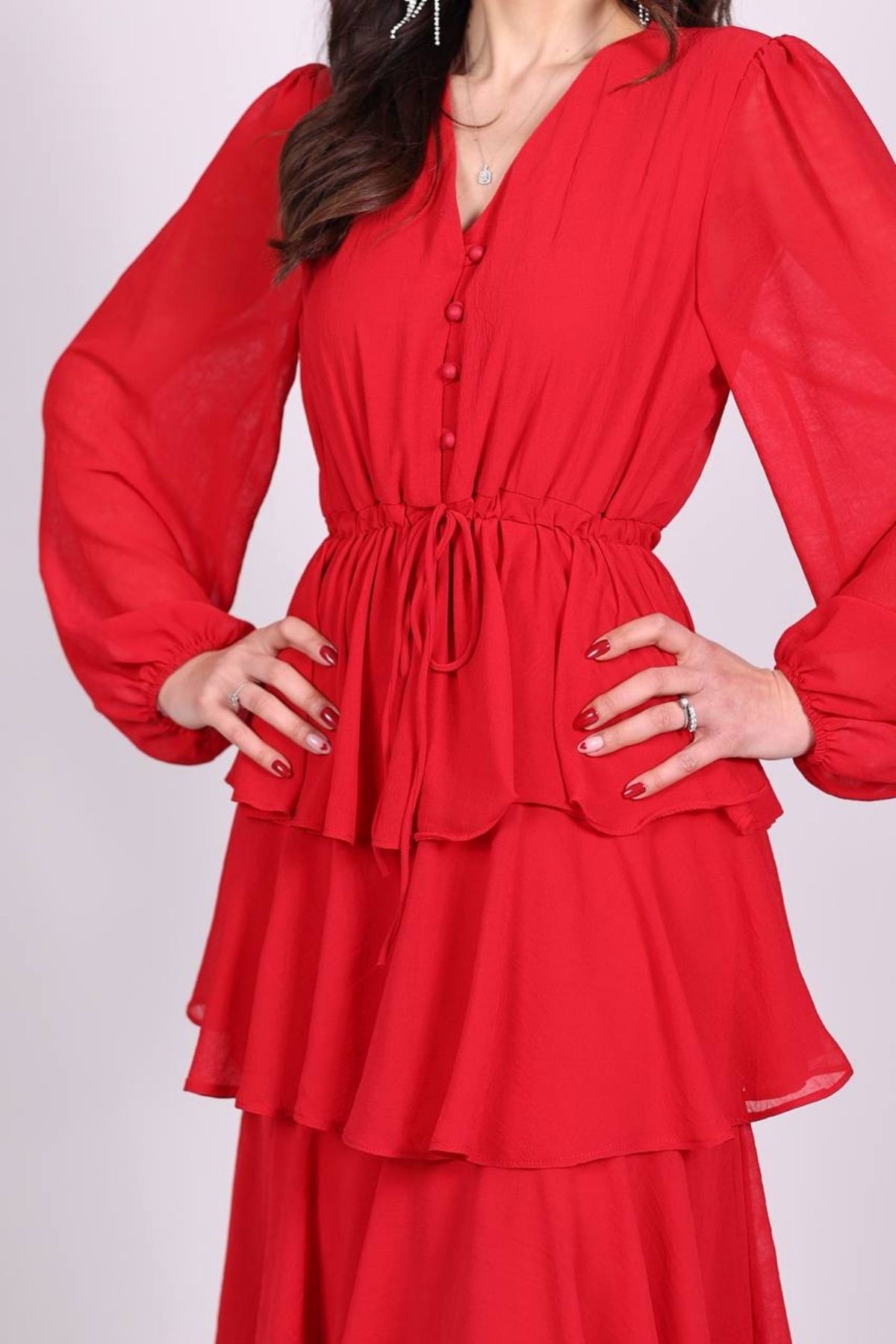 Tasarım Kırmızı Kat Kat Şifon Elbise