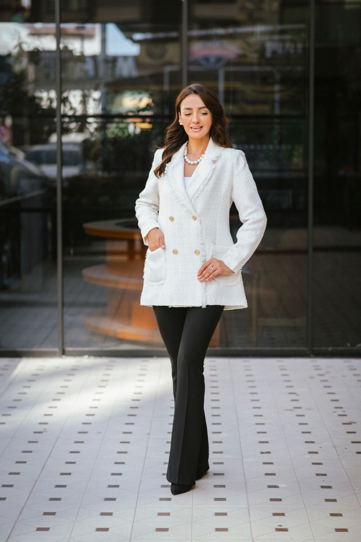 Ekru%20Tasarım%20Püsküllü%20Astarlı%20Tüvid%20Blazer%20Ceket