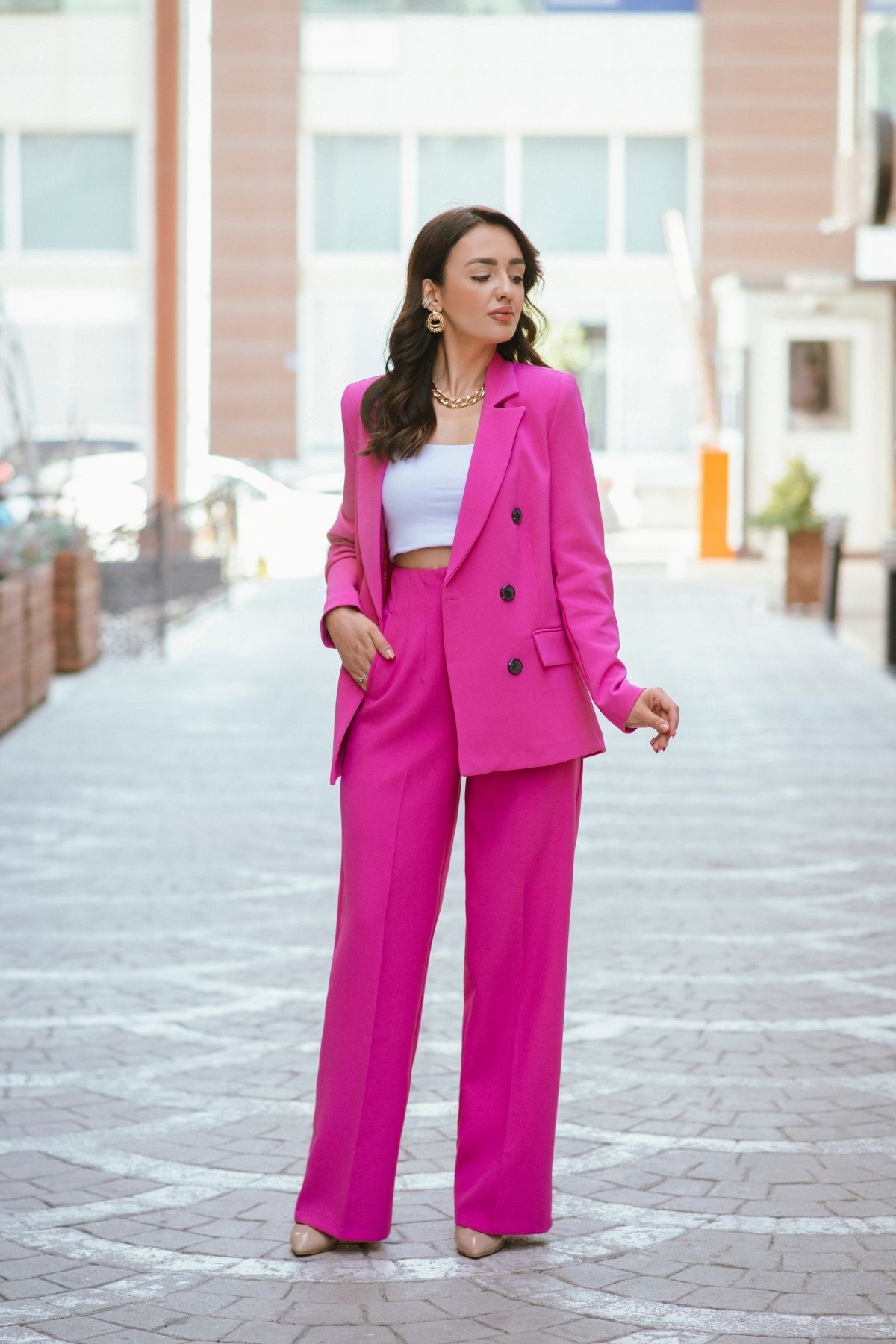 Fuşya%20Kruvaze%20Astarlı%20Blazer%20Ceket