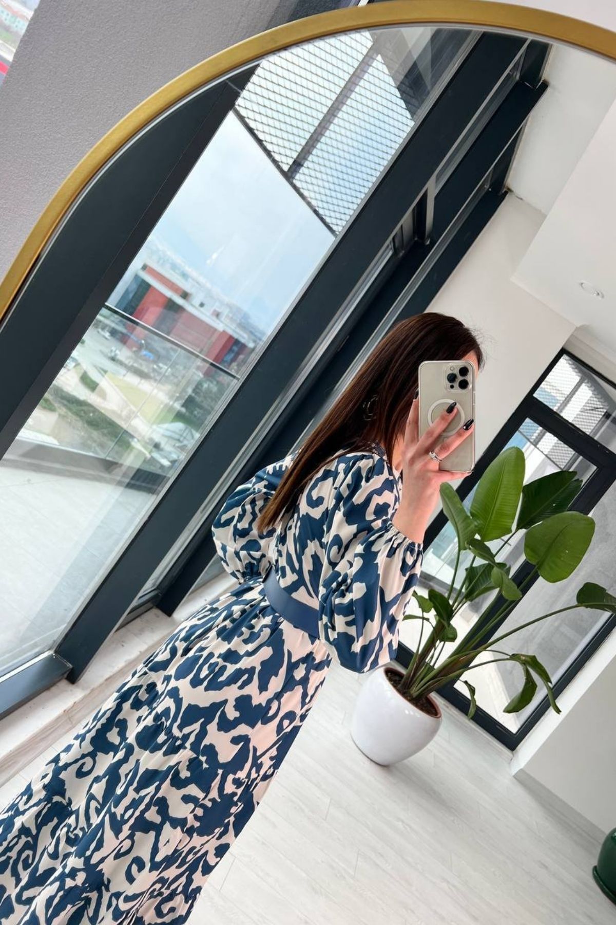İndigo%20Poplin%20Kemerli%20Desenli%20Elbise