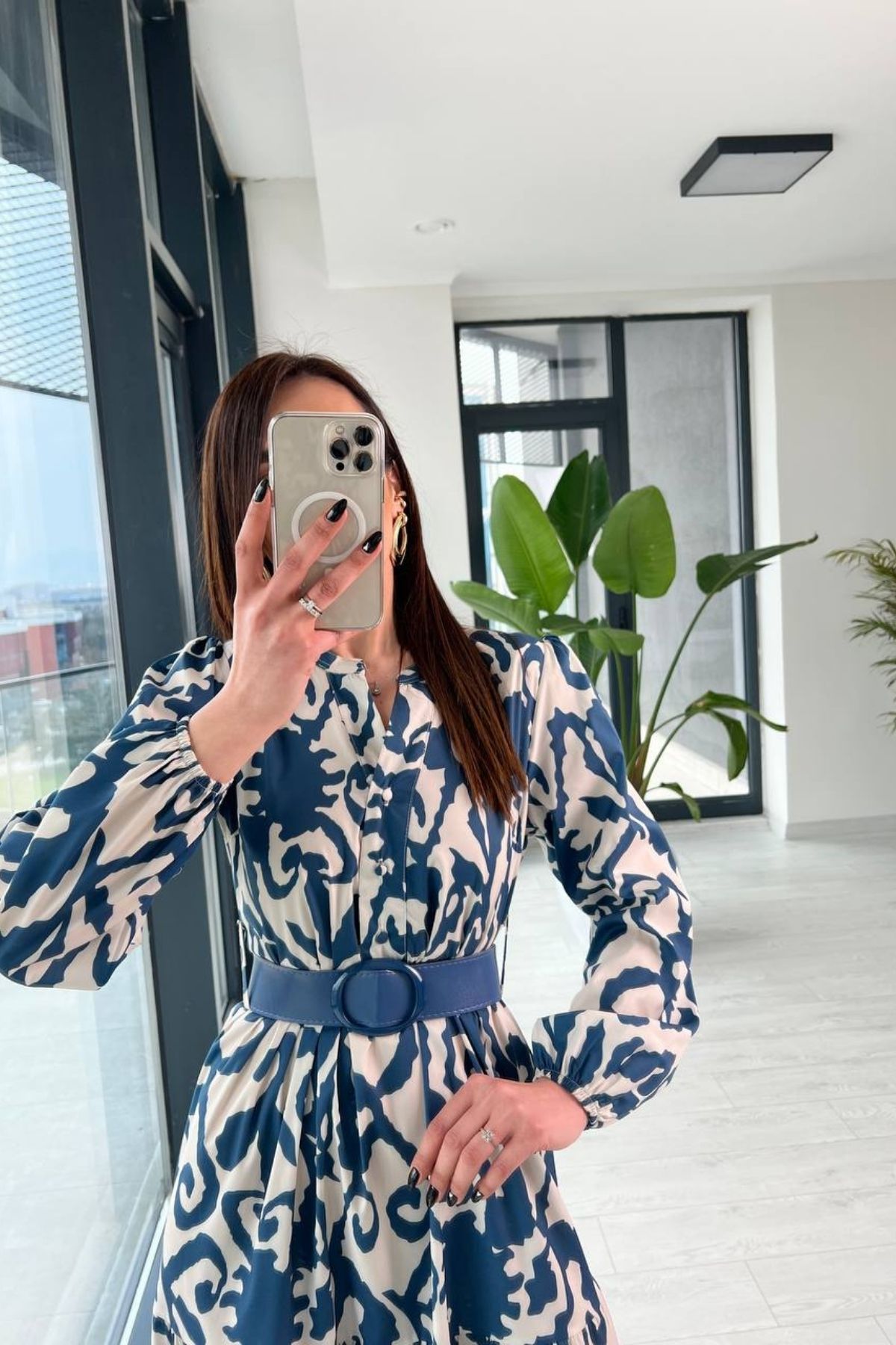 İndigo%20Poplin%20Kemerli%20Desenli%20Elbise