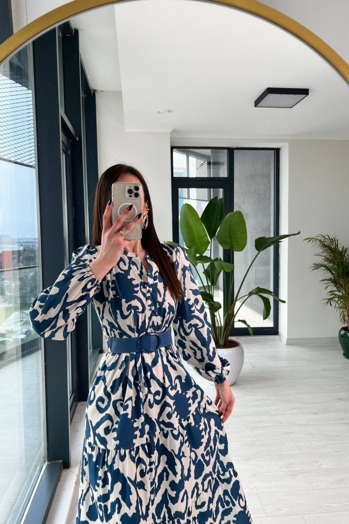 İndigo%20Poplin%20Kemerli%20Desenli%20Elbise