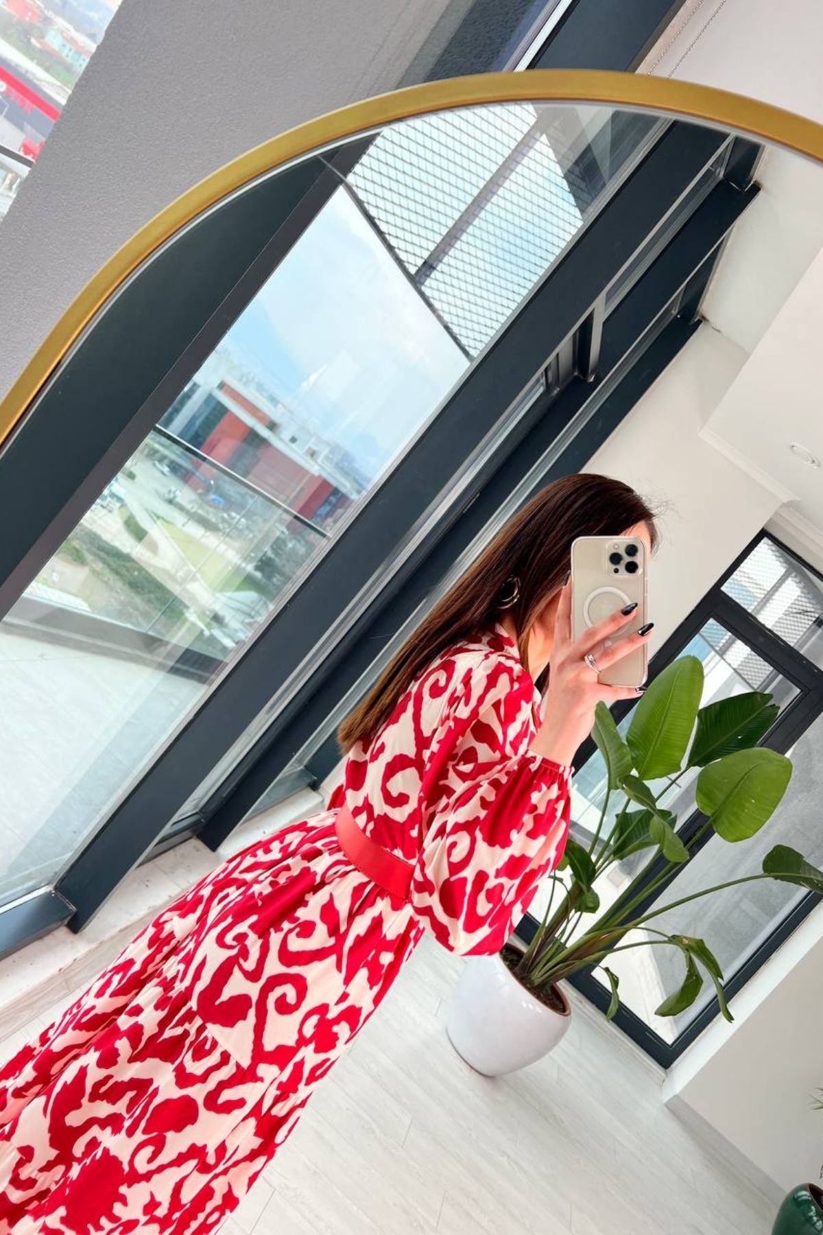Kırmızı%20Poplin%20Kemerli%20Desenli%20Elbise