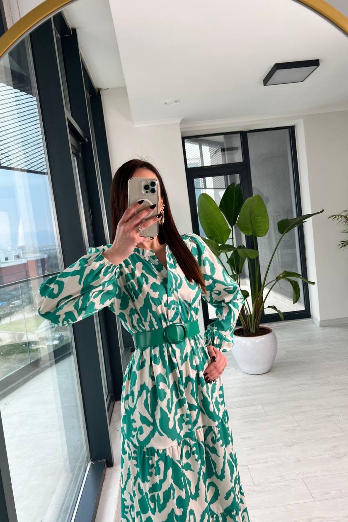 Yeşil%20Poplin%20Kemerli%20Desenli%20Elbise