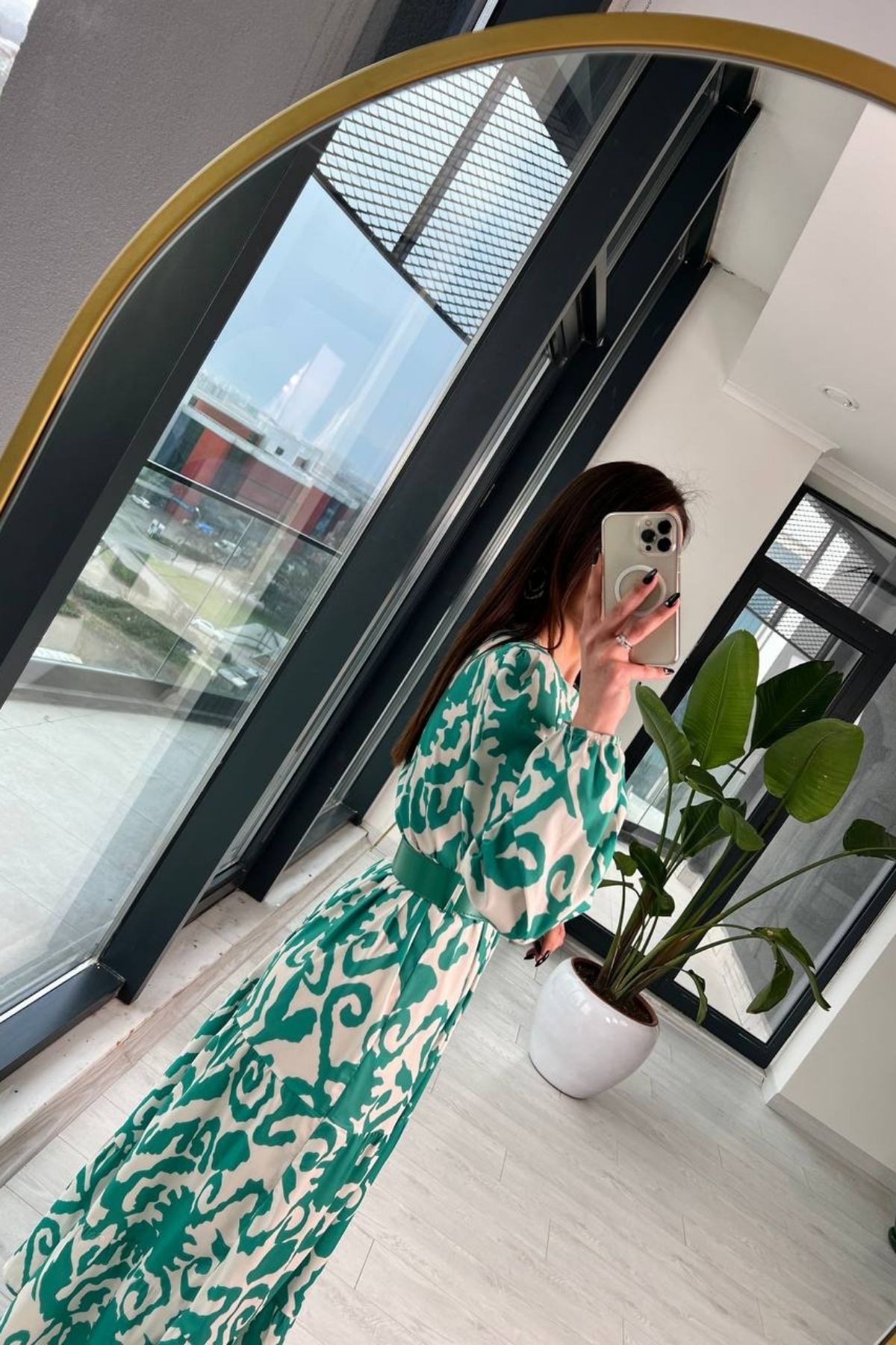 Yeşil%20Poplin%20Kemerli%20Desenli%20Elbise