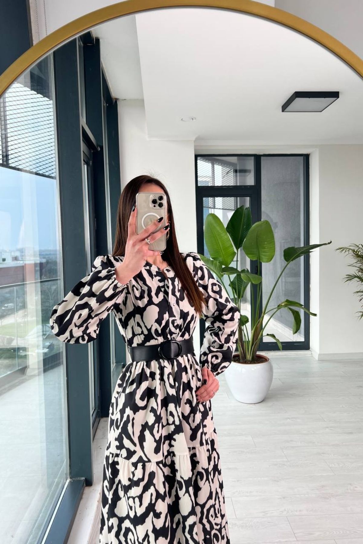 Siyah%20Poplin%20Kemerli%20Desenli%20Elbise