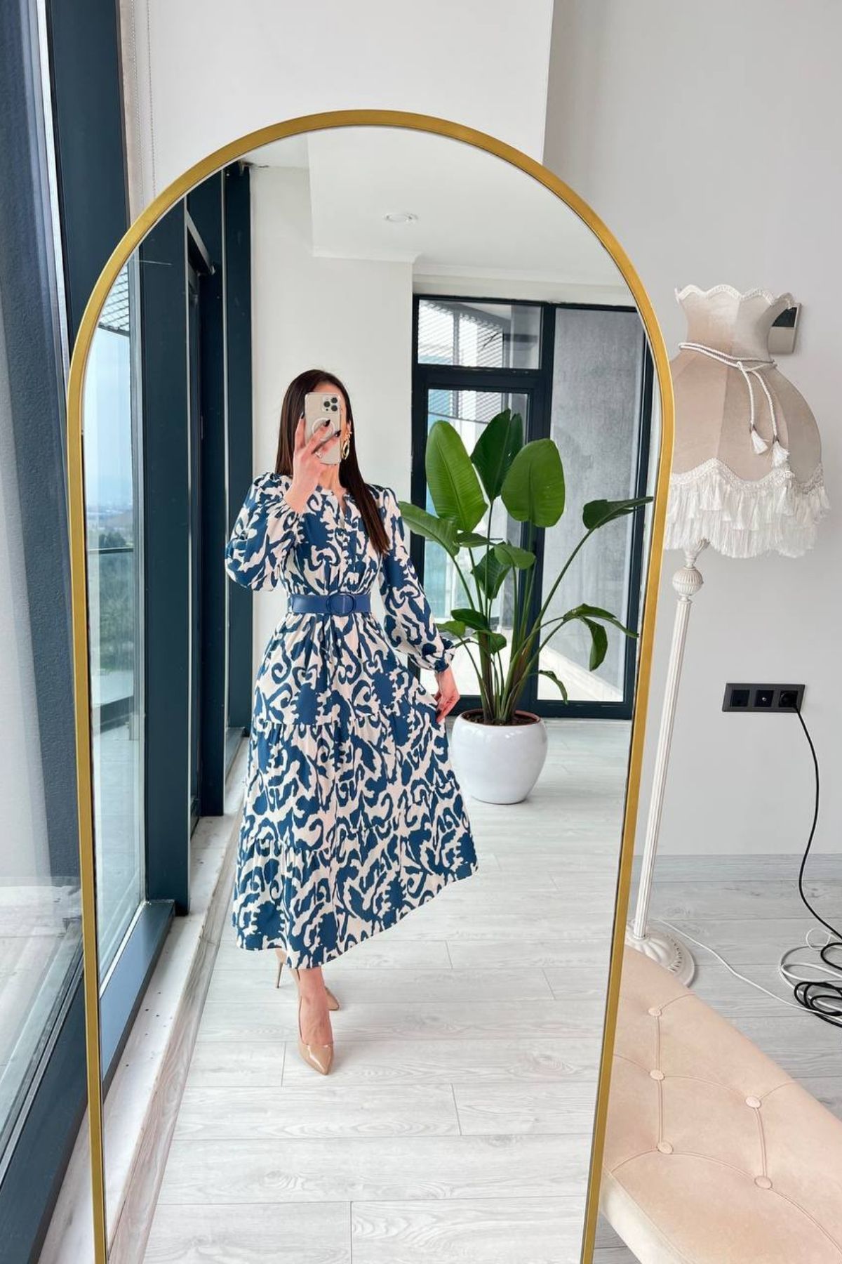 İndigo%20Poplin%20Kemerli%20Desenli%20Elbise