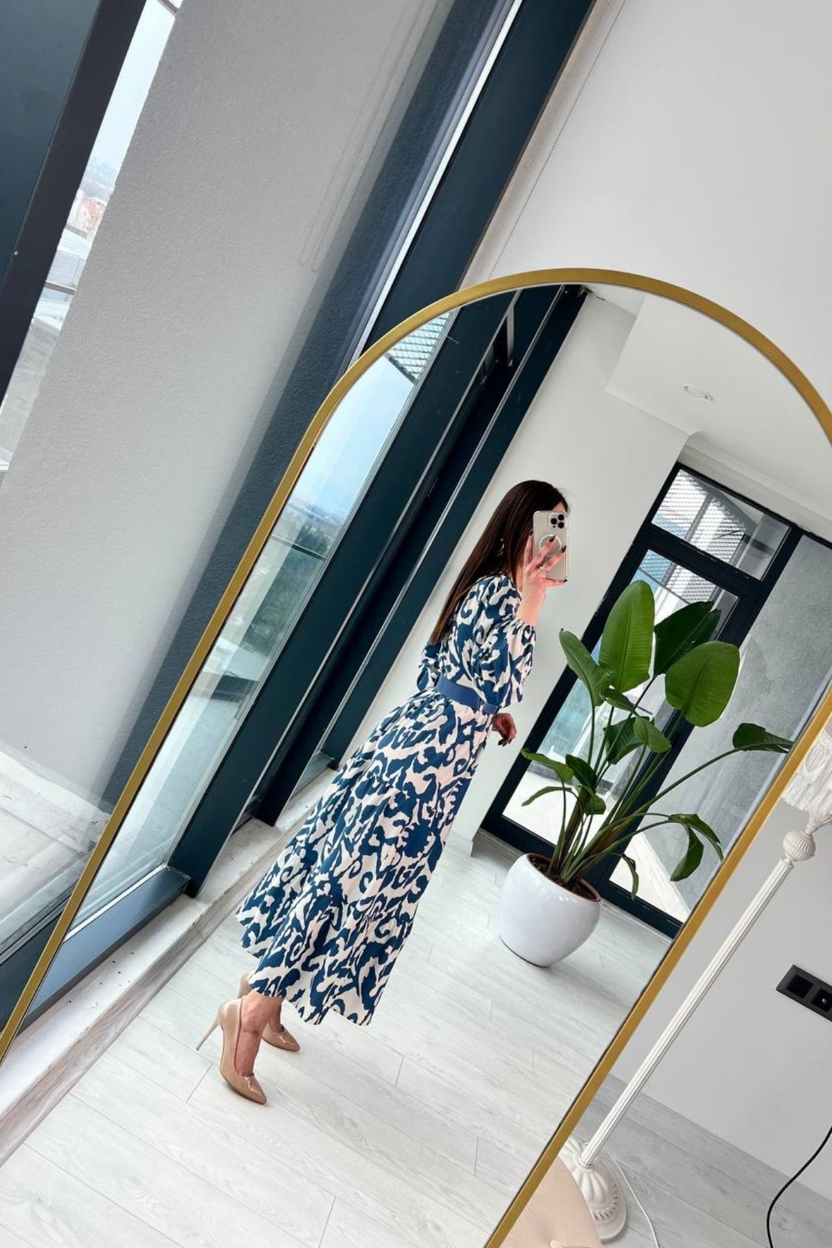 İndigo%20Poplin%20Kemerli%20Desenli%20Elbise
