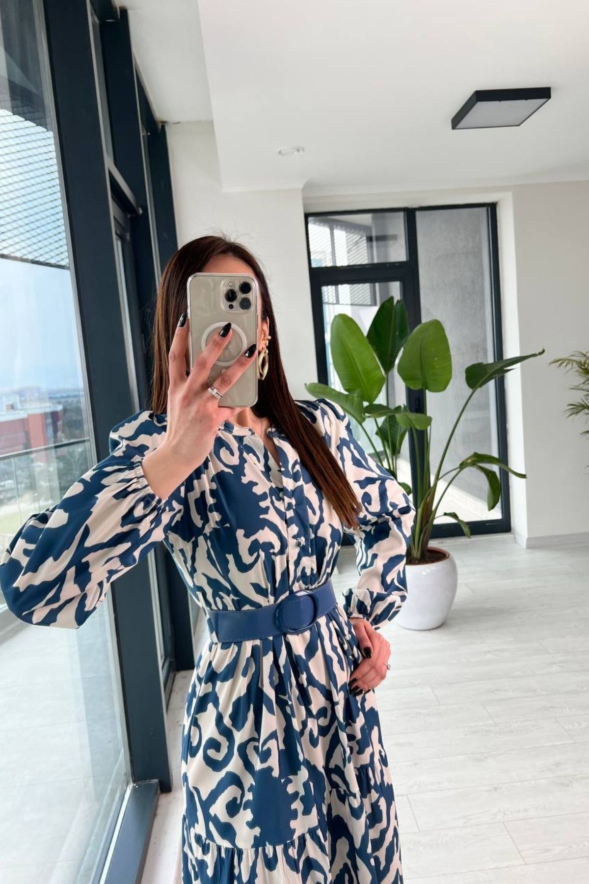 İndigo%20Poplin%20Kemerli%20Desenli%20Elbise