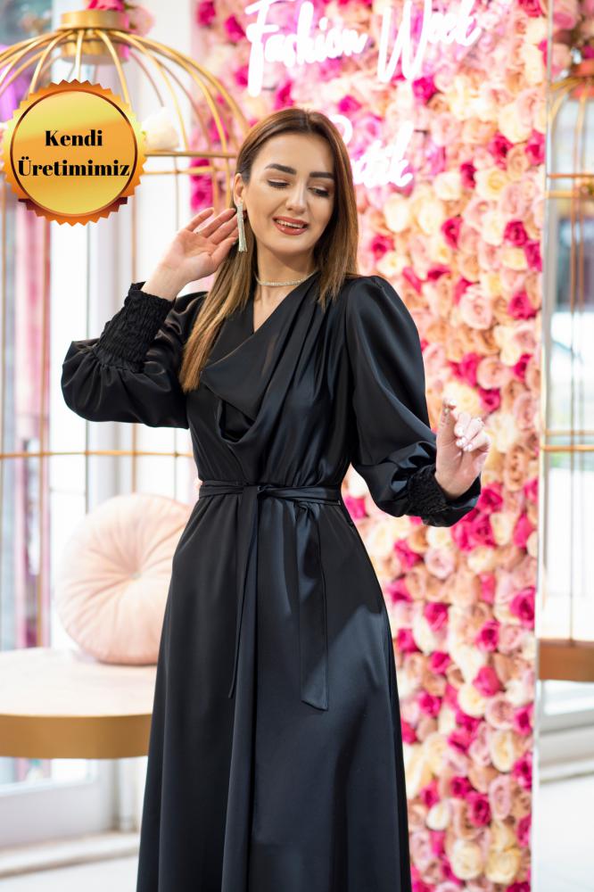 Tasarım%20Midi%20Boy%20Siyah%20Saten%20Elbise