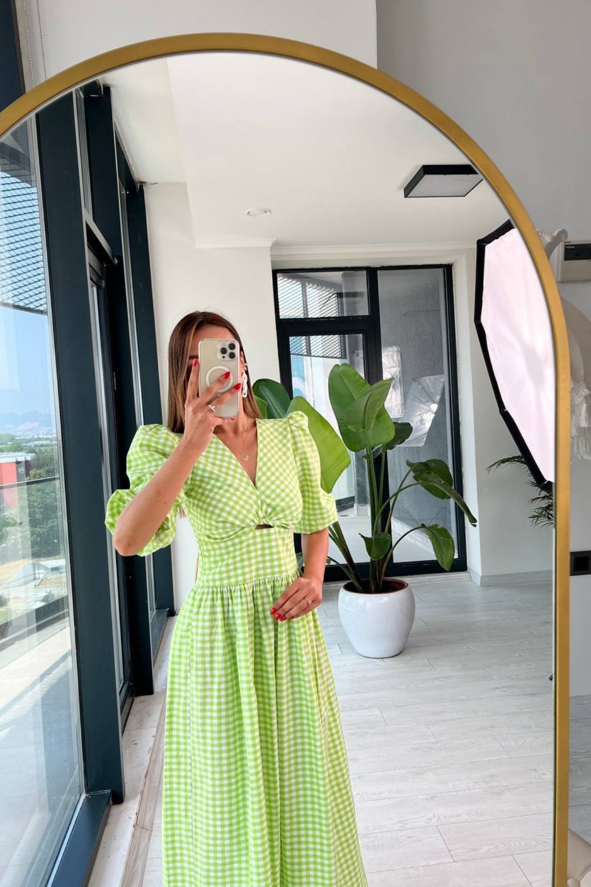 Yeşil%20Pötikare%20Pamuklu%20Poplin%20Elbise