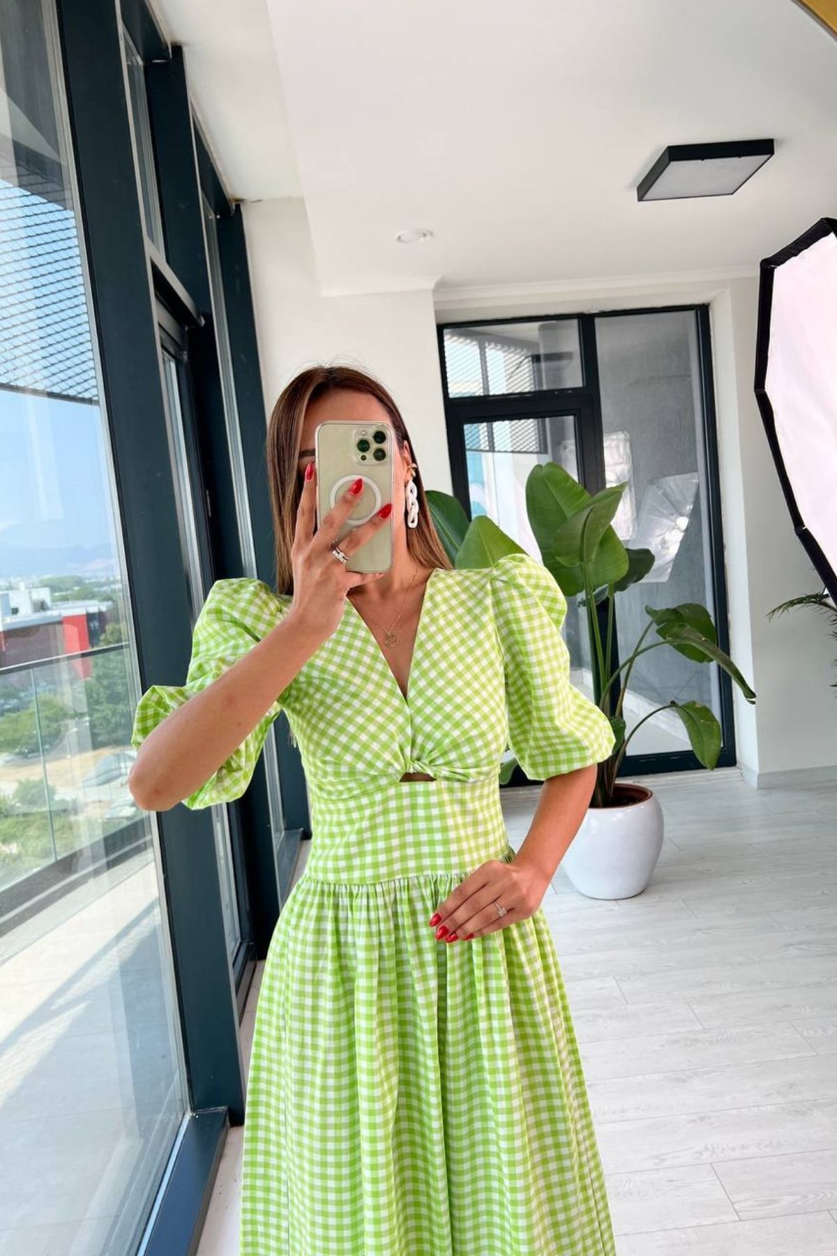 Yeşil%20Pötikare%20Pamuklu%20Poplin%20Elbise