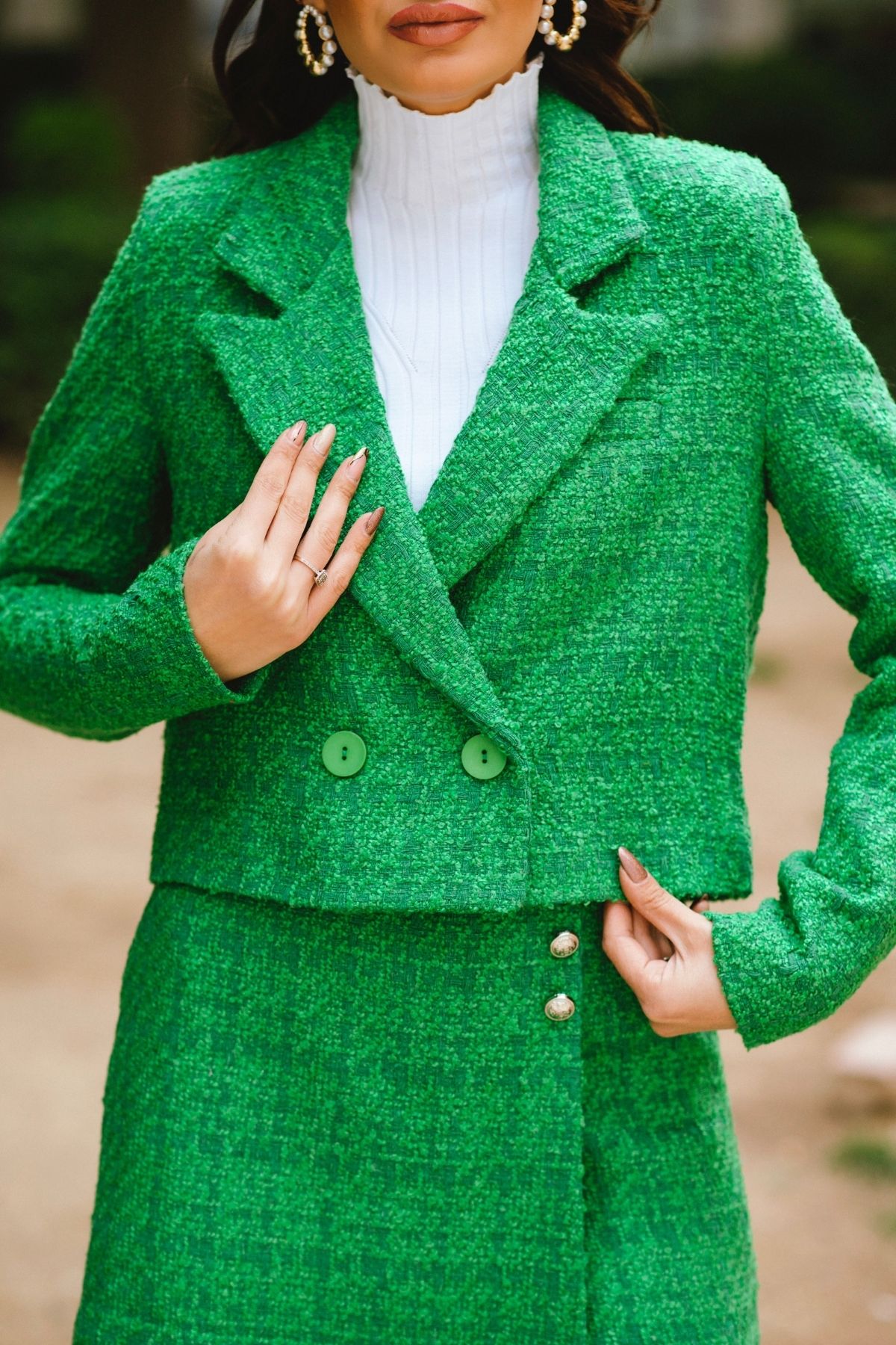 Yeşil Tuvid Astarlı Crop Ceket