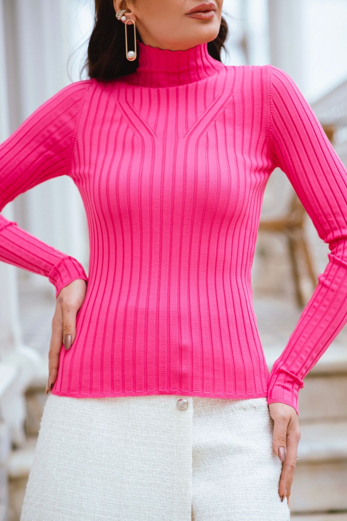 Zara Model Yaka Detaylı Çelik Triko Fuşya