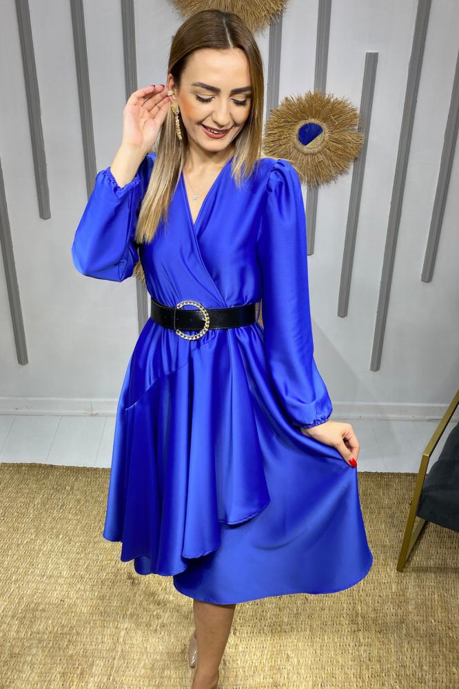 Saks%20Mavi%20Kemerli%20Saten%20Kruvaze%20Elbise