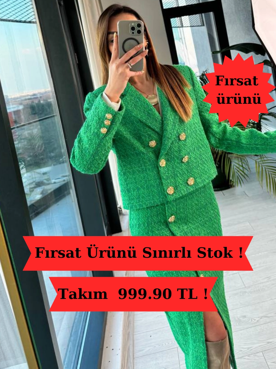 Premium%20Yeşil%20Gül%20Gold%20Düğme%20Detaylı%20tuvid%20Etek%20Ceket%20Takım