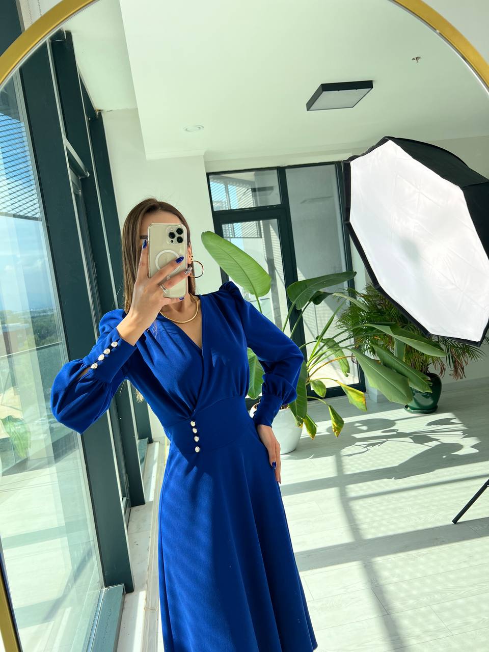 Saks Mavi Krep Düğme Detaylı Kloş Elbise