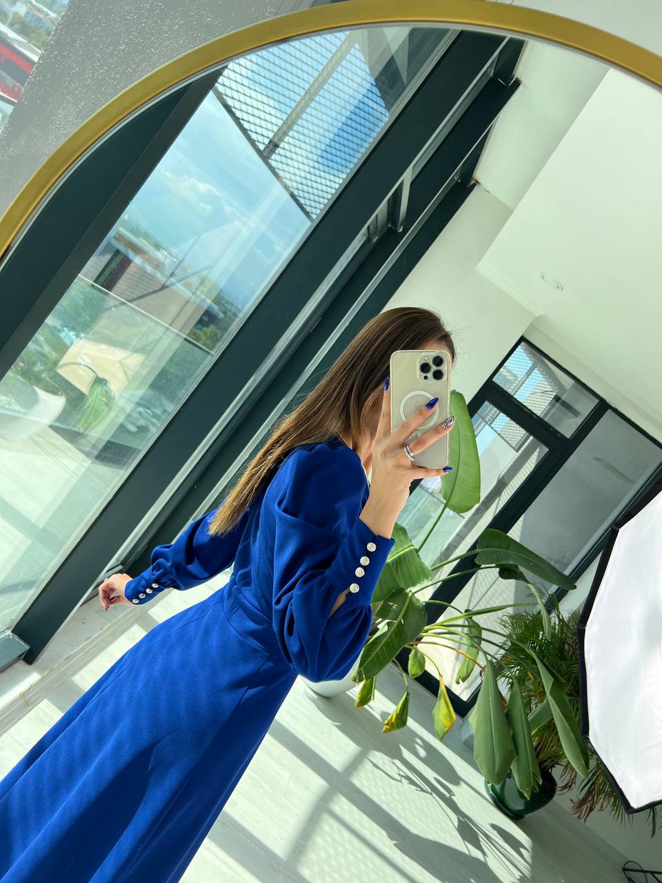 Saks Mavi Krep Düğme Detaylı Kloş Elbise