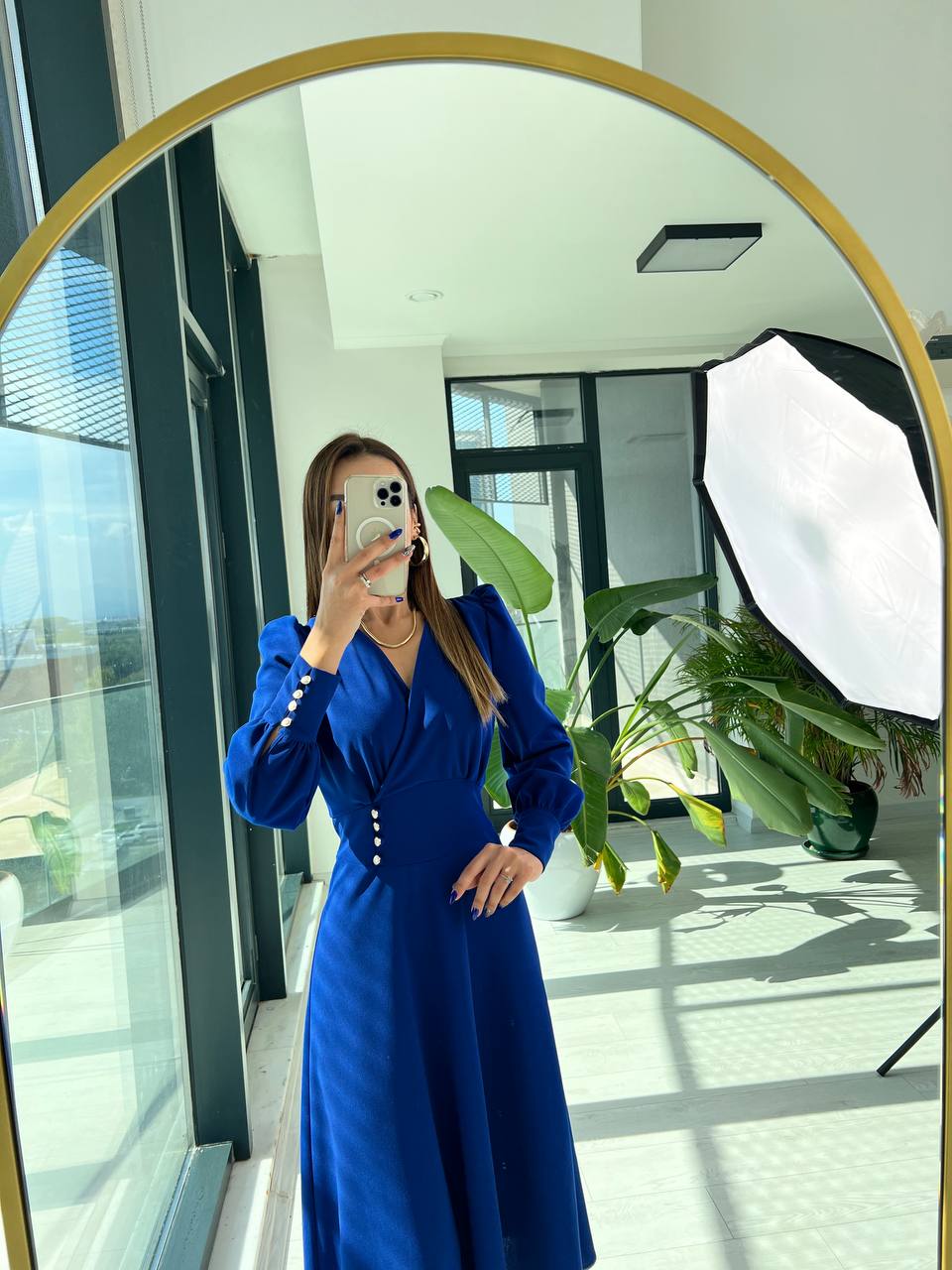 Saks Mavi Krep Düğme Detaylı Kloş Elbise