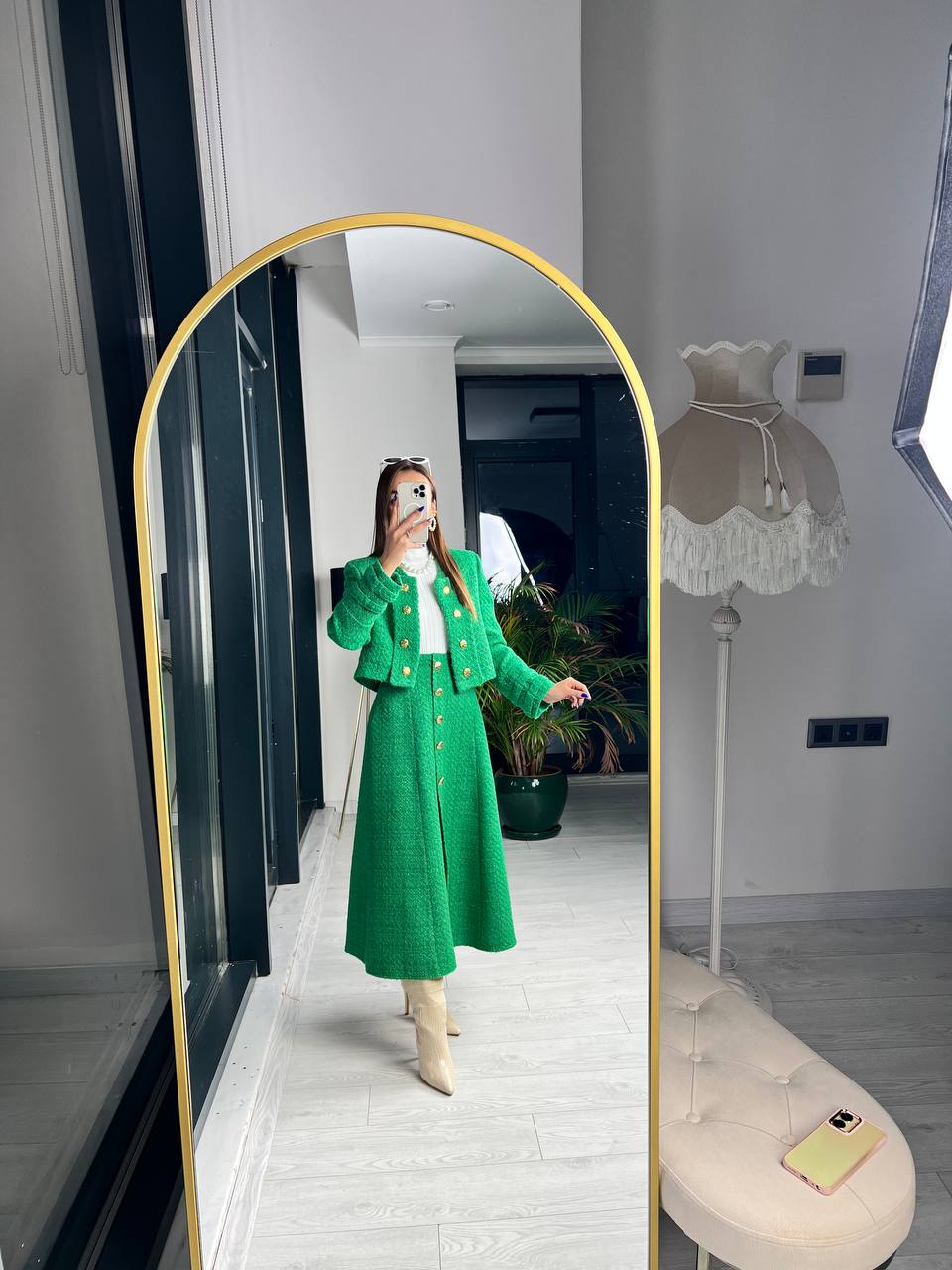 Yeşil Premium Kalite Lina Tuvid Takım Etek Ceket