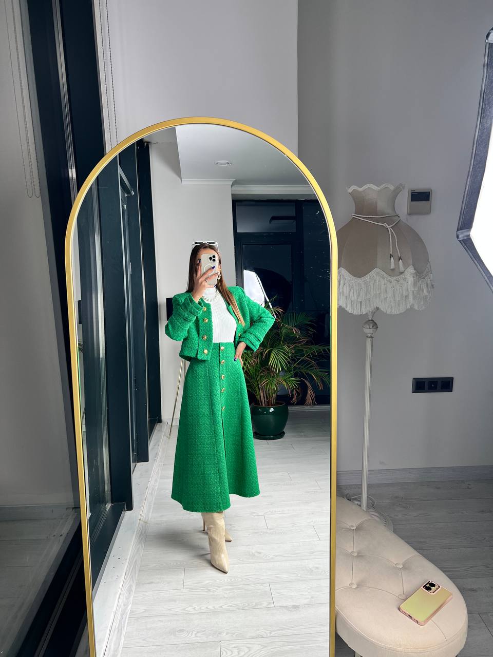Yeşil Premium Kalite Lina Tuvid Takım Etek Ceket