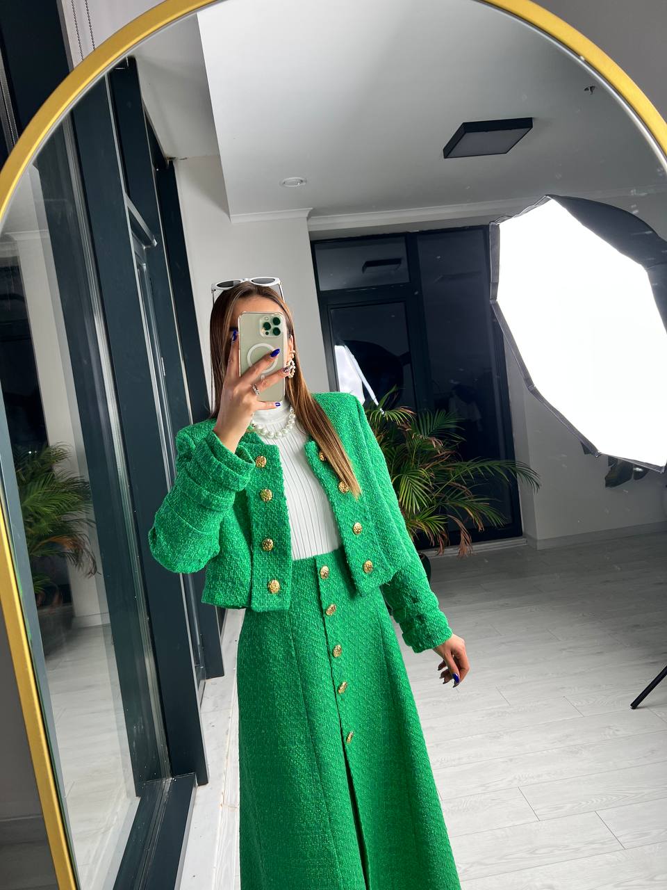 Yeşil Premium Kalite Lina Tuvid Takım Etek Ceket