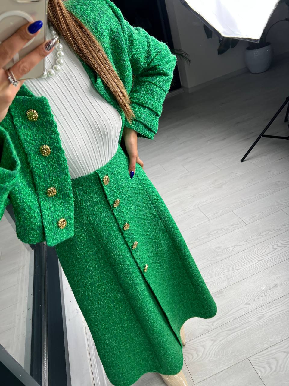 Yeşil Premium Kalite Lina Tuvid Takım Etek Ceket