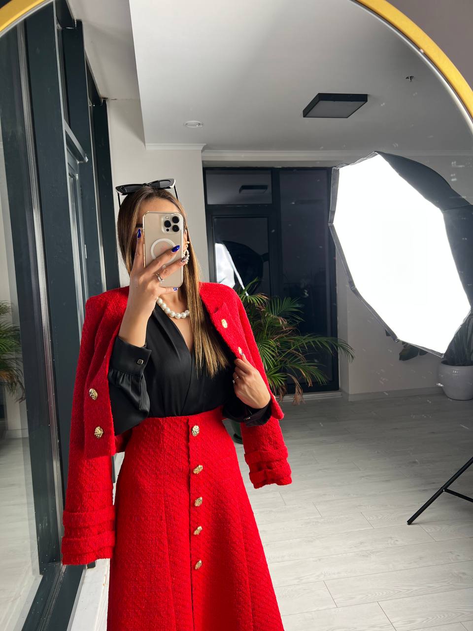 Kırmızı Premium Kalite Lina Tuvid Takım Etek Ceket